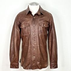 J L Powell 100% Leather Slightly Weathered Brown Throat Latch Shirt Jacket Large Brown Leather Jacket With Lapel Collar And Welt Pockets, Brown Leather Jacket With Snap Buttons And Lapel Collar, Fitted Rugged Vintage Brown Leather Jacket, Brown Single-breasted Collared Leather Jacket, Vintage Brown Single-breasted Leather Jacket, Brands Outlet, Brown Color, Shirt Jacket, Vest Jacket