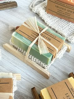 soap bars wrapped in twine and tied with ribbon