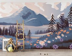 a room with flowers and mountains painted on the wall next to a ladder in front of it