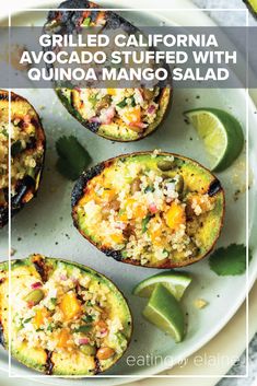 grilled california avocado stuffed with quinoa mango salad on a plate