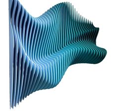 an abstract blue sculpture is shown against a white background with the shape of wavy lines