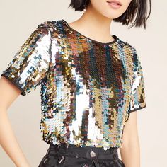 Brand New With Tags Nwt Anthropologie Aja Sequined Blouse By Eva Franco This Occasion-Ready Blouse Is Crafted From The Finest Of Fabrics And Has An All-Over Sequin Embellishments That Catch The Light For Just Enough Dazzle And Shine. Polyester, Spandex Sequined Embellishments Back Button Pullover Styling Made In Usa Dimensions 22.75"L Chic Short Sleeve Sequined Blouse, Chic Short Sleeve Tops For Party Season, Chic Multicolor Tops For Party, Chic Short Sleeve Blouse For Party Season, Chic Multicolor Sequined Tops, Glamorous Multicolor Evening Tops, Glamorous Multicolor Tops For Night Out, Glamorous Multicolor Tops For Party Season, Glamorous Multicolor Top For Party Season