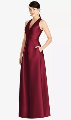 Sleeveless Open-back Pleated Skirt Bridesmaid Dress With Pockets In Burgundy | The Dessy Group Elegant V-neck Maxi Dress With Pockets, Satin V-neck Dress With Pleated Back, Skirt Bridesmaid Dresses, Red Colour Dress, Dessy Collection, Twill Dress, Girls Dress Shop, Alfred Sung, Pleated Skirt Dress