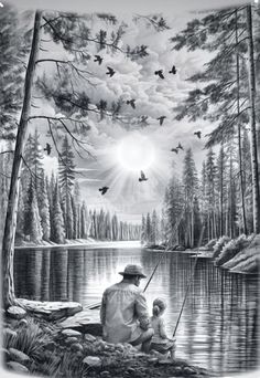 Realistic Landscape Pencil Drawings, Individual Tattoo, Perspective Painting, Realistic Tattoo Design, Fly Fishing Tattoo, Fishing Tattoo, Nature Tattoo Sleeve, Majestic Tree