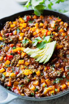 ground beef and butternut squash skillet with avocado