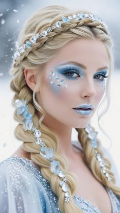 Christmas Creative Makeup Looks, Ice Queen Hairstyles, Winter Wonderland Makeup Ideas, Winter Wonderland Eye Makeup, Winter Queen Makeup, Ice Fairy Makeup, Winter Themed Makeup, Winter Makeup Looks Ice Queen, Ice Queen Cosplay