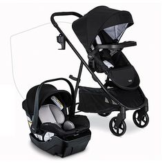 a baby stroller and infant car seat in black with white trim, on a white background