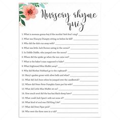 Nursery Rhyme Quiz game for baby shower by LittleSizzle Gift List Printable, Nursery Rhyme Quiz, Bingo Template, Late Night Diapers, Guest Book Table, Fun Baby Shower Games, Baby Shower Bingo, Floral Baby Shower Invitations, Fun Baby