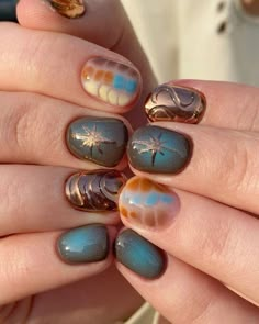 creds to whoever made this beautiful set 🖤 Nails With Two Short Ones, Short Nails With Nail Art, Earthy Nails Designs Short, Cool Short Nail Ideas, Earthy Nails Short, Earthy Short Nails, Whimsigoth Nails Short, Whimsical Nails Short, Men’s Designs Nails