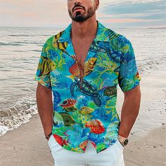 Season:Summer,Spring; Fabric:Linen-Look(Polyester); Sleeve Length:Short Sleeve; Look After Me:Washable,Hand wash,Machine wash; Gender:Men's; Style:Breathable,Fashion,Designer,Casual; Tops Type:Shirt,Aloha Shirt,Graphic Shirt,Camp Collar Shirt; Occasion:Outdoor,Going out,Casual,Holiday,Street; Age Group:Adults'; Fit Type:Regular Fit; Pattern:Underwater World,Fish; Design:Button-Down,Print; Neckline:Turndown; Brand:OUKU; Front page:FF; Listing Date:06/16/2022; Bust:; Length:; Shoulder Width:; Fit Blue Casual Collar Top For Beach, Blue Vacation Tops With Casual Collar, Blue Casual Collar Tops For Vacation, Blue Tops With Casual Collar For Vacation, Summer Blue Shirt For Beach, Blue Summer Shirt For Beach, Blue Summer Beach Shirt, Light Blue Casual Collar Shirt For Beach, Light Blue Casual Collar Top For Vacation