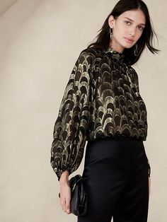 Mali Metallic Silk Jacquard Top | Banana Republic Soiree Blouses, Lurex Dress, Jacquard Top, Nothing At All, Top Banana, Holiday Tops, Nursing Clothes, Fall 2023, Jacquard Fabric