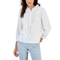 Jersey-Knit Ease Pairs With Breezy Embroidered Eyelet In This Relaxed Mixed-Media Top From Tommy Hilfiger. Approx. 24" Long Round Neckline With Ruffled Eyelet Trim, Button Front Closures Eyelet Bib With Gathered Detail At Center Front Long Sleeves With Smocked Cuffs Cotton/Modal Machine Washable Imported Ruffled Blouse, White Halter Maxi Dress, Tommy Hilfiger Tops, Ruffled Collar, Black And White Blouse, Matching Family Outfits, Tommy Hilfiger Women, Family Outfits, Sleeves (women)