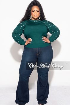 Stretch top Mock neck Long sleeve Pearls 70% Viscose 30% Nylon Model is wearing a 2X Plus Size Winter Party Outfit, Hunter Green Top, Winter Party Outfit, Plus Size Winter, Mock Neck Long Sleeve, Winter Party, Stretch Top, Plus Size Sweaters, Green Sweater