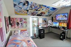 a bedroom with anime themed walls and pictures on the ceiling