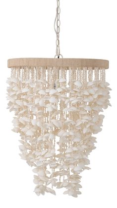 a chandelier with white shells hanging from it's sides and a light fixture in the middle