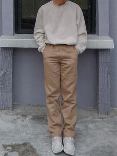 Mens Outfits Khaki Pants, Male Beige Outfit, Khaki And Beige Outfit, Mens Beige Trousers Outfit, Beige Aesthetic Mens Outfit, Monochrome Aesthetic Outfits Men, Beige Khaki Pants Outfit Men, Cream Monochrome Outfit Men, Beige Monochrome Outfit Men