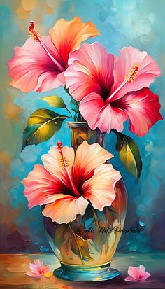 a painting of two pink flowers in a vase