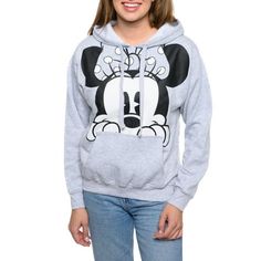 Get the cute Disney look with this adorable and very comfortable Minnie Mouse fleece hoodie sweatshirt for women's plus size. > Women's Minnie Mouse Fleece Hoodie Sweatshirt - Gray. > Graphic print of Minnie peeking right above the pocket on front. > Long Sleeve, Large front pocket, Medium weight. > 60% Cotton, 40% Polyester. Very soft and comfortable fleece fabric. > Officially Licensed By Disney Apparel. Size: 3X.  Gender: female.  Age Group: adult. Disney Apparel, Minnie Mouse Hoodie, Disney Women, Style Hoodie, Disney Ladies, Disney Outfits, Grey Women, Grey Sweatshirt, Fleece Hoodie