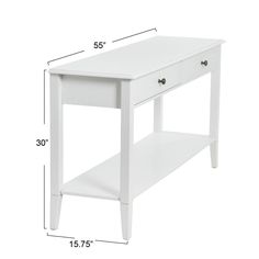 a white table with two drawers and one shelf on the bottom, measurements for each drawer