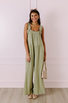 - This flowy jumpsuit is an instant style upgrade! - Unlined material - A ruffled, square cut, elastic neckline - A sleeveless cut featuring 2-inch elastic straps - Functional side pockets - A relaxed jumpsuit silhouette that ends in wide floor length hemlines Measurements S : Bust 36", Hip 44", Inseam 27.5", Length 56", Torso 23", Waist 36". M : Bust 38", Hip 46", Inseam 27.5", Length 56", Torso 23.5", Waist 38". L : Bust 40", Hip 48", Inseam 28", Length 56.5", Torso 24", Waist 40". Flowy Jumpsuit, Style Upgrade, Square Cut, Linen Blend, Floor Length, Jumpsuit, Luxury Fashion, Fashion Trends