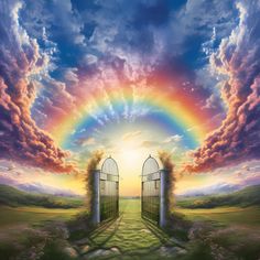 an open gate leading into a rainbow colored sky with clouds and sun in the background