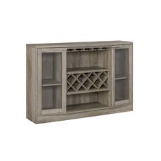 an entertainment center with wine racks and shelves on the front, in grey wash wood