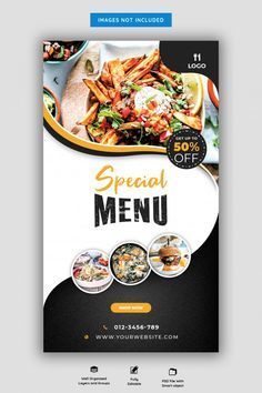 a flyer for a restaurant with an image of food and drinks on the front cover