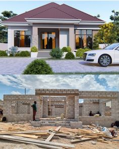 two pictures side by side with the same house being built and one has a car parked in front of it