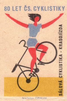 a stamp with a woman riding a bike on it's back and arms in the air