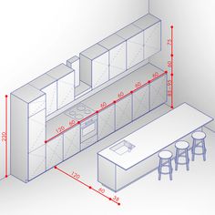 a drawing of a kitchen with an island and stools