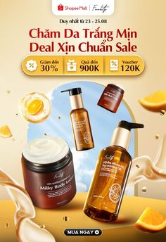 an advertisement for beauty products with oranges and milk in the background, which reads cham da trang min