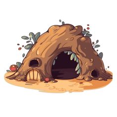 an illustration of a cave in the ground with trees and plants growing out of it