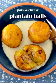 three baked potatoes in a bowl with yogurt on the side and text overlay that reads pork & cheese plantain balls