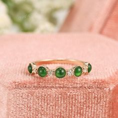 Green Jadeite Diamond Stackable Anniversary Band, Imperial Jade Stacking Ring, Round Cabochon Jade Promise Ring, Dainty Stacked Wedding Band ✧･ﾟ: *✧･ﾟ:* Welcome to Charles Davin Jewelry*:･ﾟ･ﾟ✧ Moissanite - a gemstone known to bring in luck in someone's life, the user can give off a look of elegance. You can give your special someone luck whilst showing your love to them. ✶Material: 10K/ 14K/ 18K ✶Main Stone: Natural Jadeite Jade; 3.0mm-5 ✶Side Stone: Diamonds; Total approx. 0.11ct ✶Color: D Colo Classic Wedding Jewelry With Cabochon, Elegant Jade Ring With Round Band, Elegant Round Band Jade Jewelry, Classic Jade Jewelry For Wedding, Exquisite Jade Jewelry For Anniversary, Classic Jade Wedding Jewelry, Heirloom Emerald Ring With Bezel Setting For Wedding, Heirloom Cabochon Emerald Ring For Wedding, Heirloom Emerald Cabochon Wedding Ring