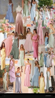 a collage of different types of dresses and gowns for women in various colors