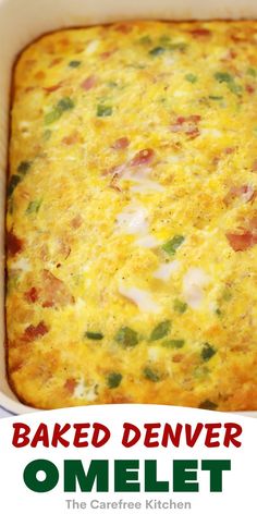 baked denver omelet in a white casserole dish with text overlay