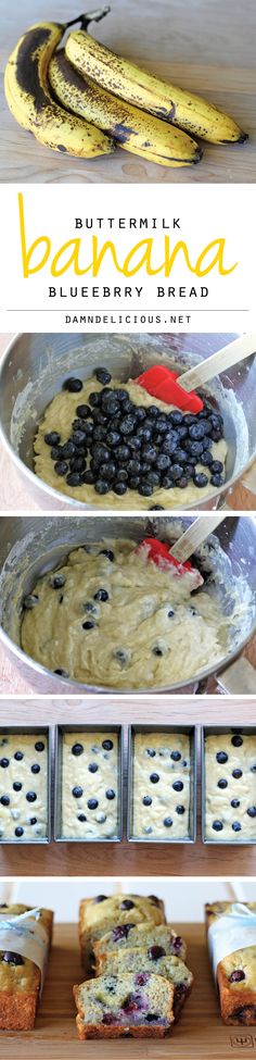 banana blueberry bread is shown in this collage