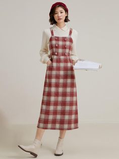 This is a feminine and romantic dress by LANGSON that is made out of high quality cotton wool, nylon, acrylic, and mohair blend fabric. With design detail of sleeveless design and plaid checkered pattern overall, it gives a trendy and feminine look.- Sleeveless design- Checkered pattern overall with buttons detail- Feminine and modern mood Casual Tweed Dresses For Winter, Winter Plaid Tweed Dress, Sleeveless Plaid Dress For Work, Chic Plaid Winter Dress, Casual Plaid Tweed Dress, Sleeveless Plaid Dress For Fall, Fall Gingham Sleeveless Dress, Red Checkered Outfit, Pinafore Dress Pattern Free