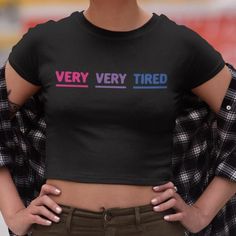 Very Very Tired Bisexual Cropped Tee | Funny Bi Pride Crop Top – On Trend Shirts Trendy Cropped Crew Neck T-shirt With Funny Text, Trendy Short Sleeve Pride Top, Trendy Short Sleeve Tops For Pride, Trendy Crew Neck Crop Top With Slogan, Trendy Crop Top With Funny Text And Crew Neck, Trendy Cotton Pride Tops, Trendy Crew Neck Crop Top With Funny Text, Trendy Graphic Print Pride Tops, Trendy Short Sleeve Crop Top With Slogan