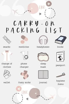 the carry on packing list is shown in black and white, with text that reads carry on packing list