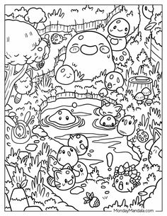 an adult coloring book with cartoon animals and plants in the background, black and white