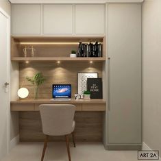 a desk with a laptop on top of it in front of a book shelf and door