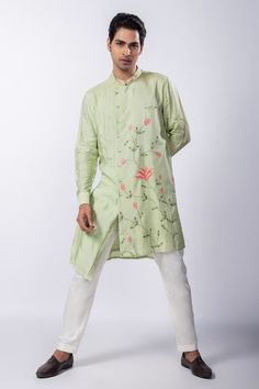 Light green silk mulmul kurta with floral, thread and sequins hand embroidery. Comes with ivory cotton pant pyjama - Aza Fashions Green Cotton Sets With Floral Embroidery, Green Cotton Kurta With Zari Work, Green Chanderi Sherwani Straight Kurta, Embroidered Pista Green Salwar Kameez For Spring, Green Churidar With Floral Embroidery For Eid, Spring Festive Anarkali Kurta, Spring Designer Wear Sets In Pista Green, Embroidered Pista Green Cotton Set, Unstitched Pista Green Kurta For Spring