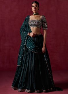 Dark Green Embroidered Satin Lehenga – Lashkaraa Traditional Silk Palazzo Set With Sequins, Navratri Silk Traditional Wear With Sequins, Anarkali Silk Choli With Sequins, Green Embellished Chinon Lehenga, Embroidered Satin Sets For Reception, Embroidered Satin Saree Set, Festive Embroidered Satin Sets, Semi-stitched Silk Lehenga With Sequins, Semi-stitched Satin Lehenga With Resham Embroidery