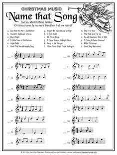 christmas music worksheet with the name that song on it and notes for children