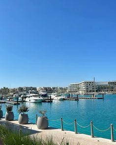 boats are docked in the water at a marina on a sunny day with blue skies