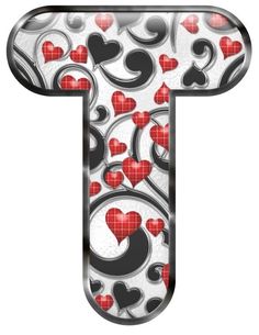 the letter t is decorated with hearts