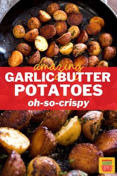 Small potatoes roasted in a skillet with a crispy skin. Brabant Potatoes, Garlic Butter Potatoes, Butter Potatoes, Crispy Garlic, Sprout Recipes, Crispy Potatoes, Kielbasa