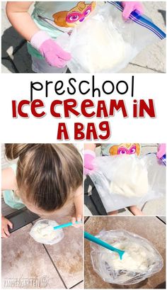 a collage of photos showing how to use ice cream in a bag for pretend play