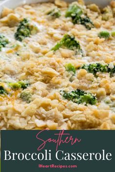 broccoli casserole in a white dish with text overlay